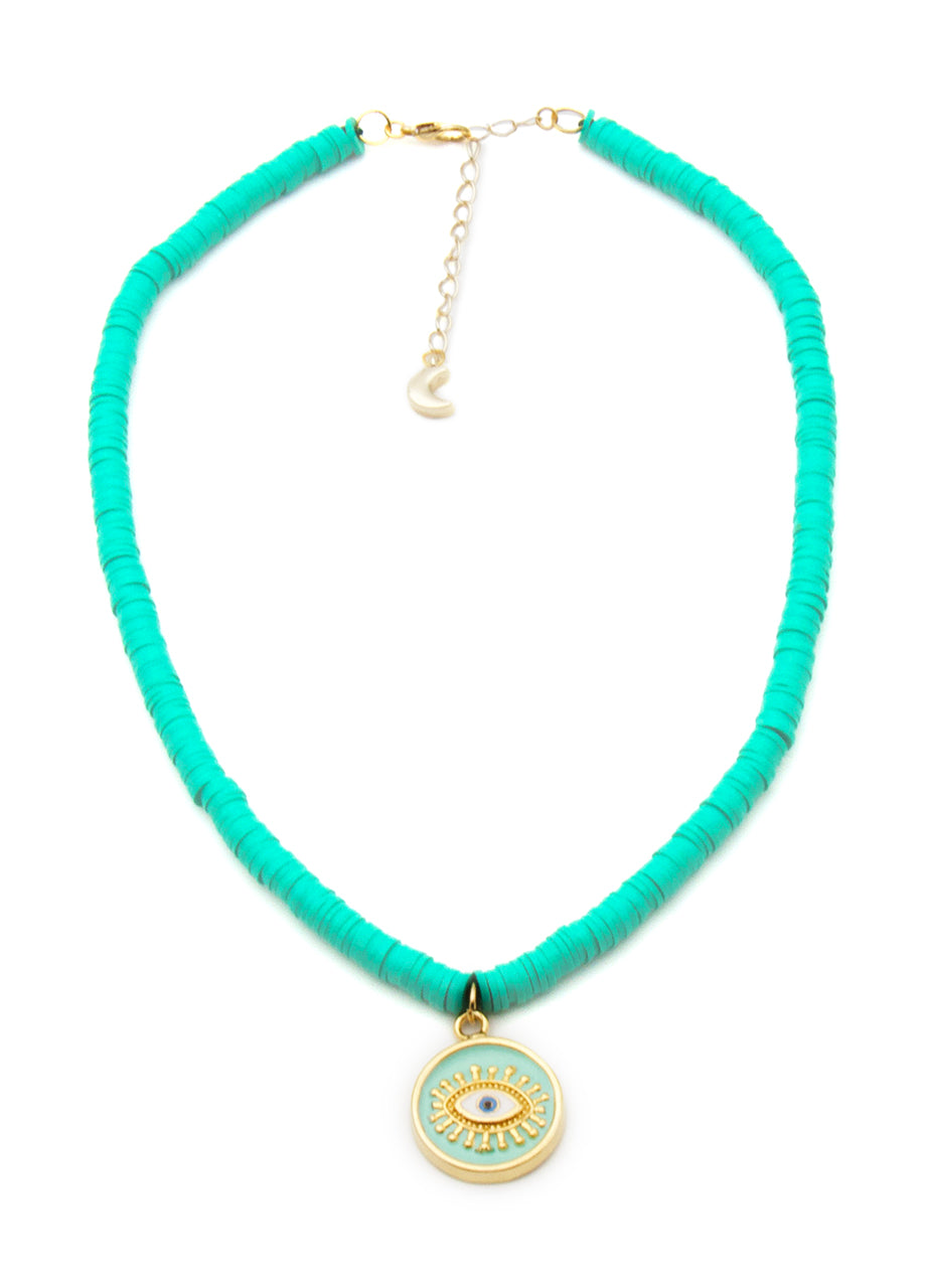 Beach Jewellery - Mint Green Heishi Bead Necklace with Aqua Lucky Evil Eye Talisman Pendant