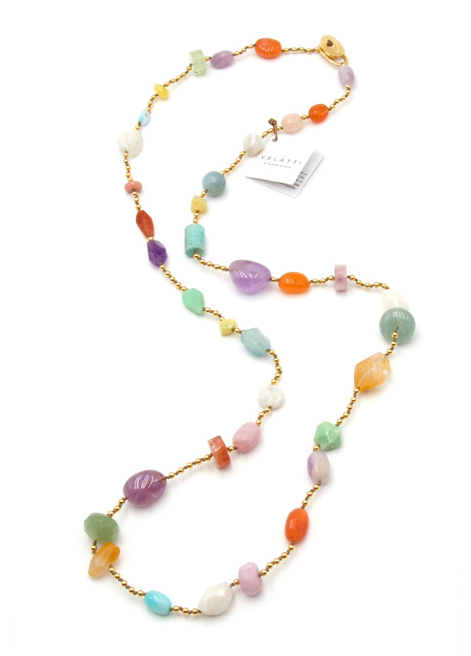 Long hand knotted necklace with gold plated bead and multi coloured quartz