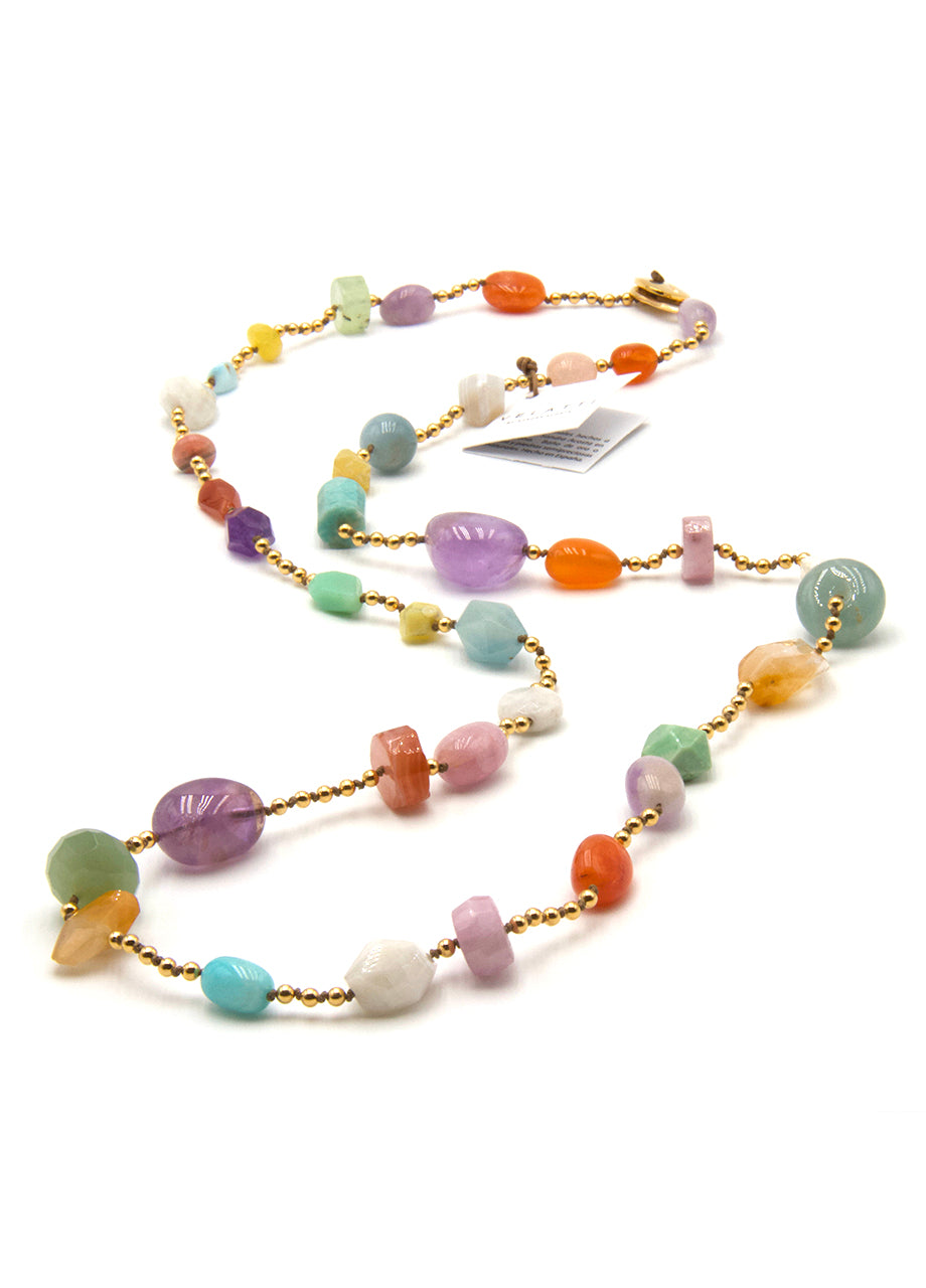 Long hand knotted necklace with gold plated bead and multi coloured quartz