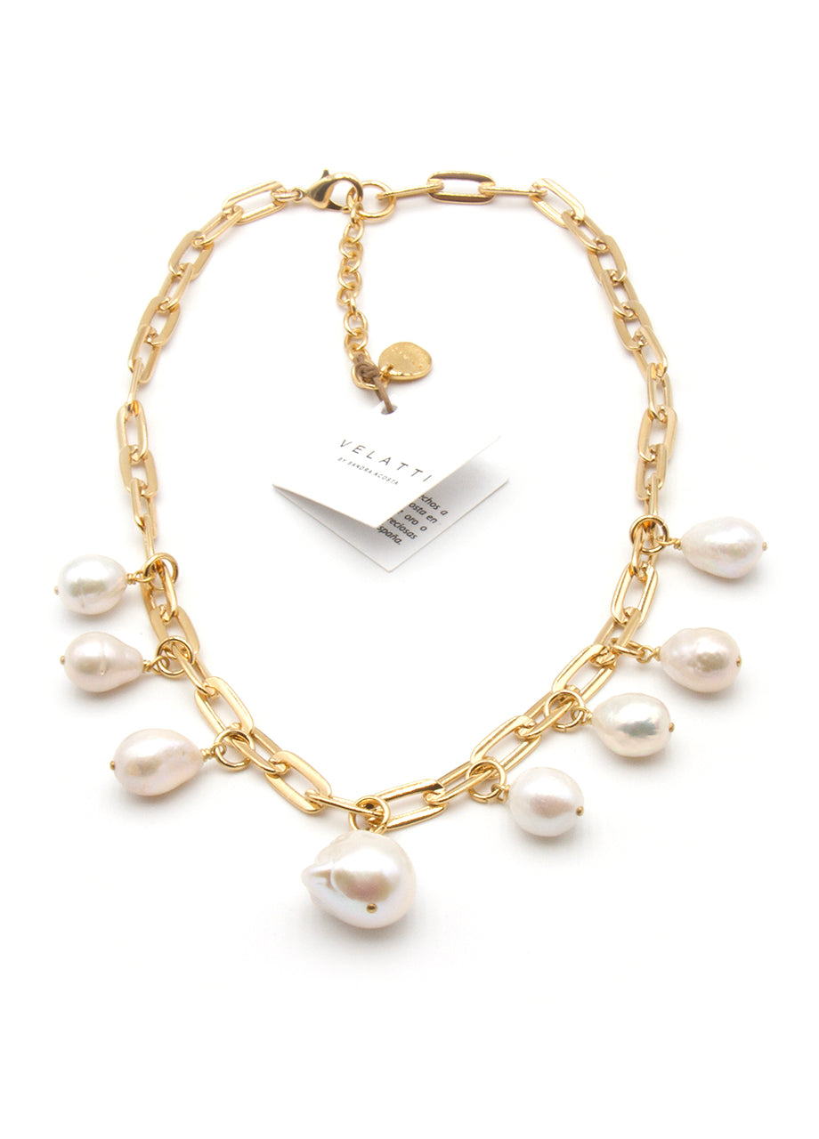 Gold plated link chain necklace with large pearl drop