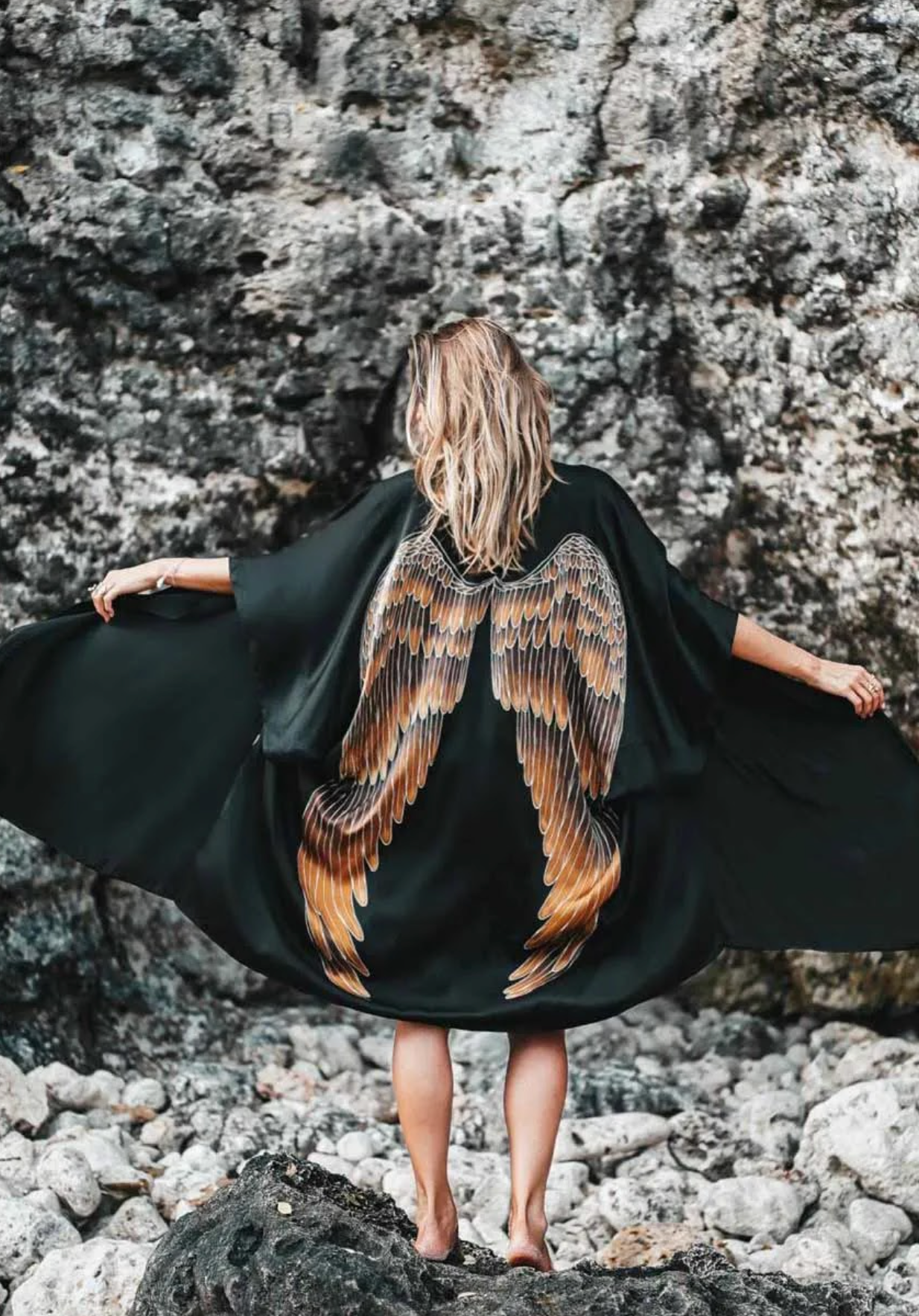 Warriors of the Divine - Kimono Luxe Silk Black with Caramel wings