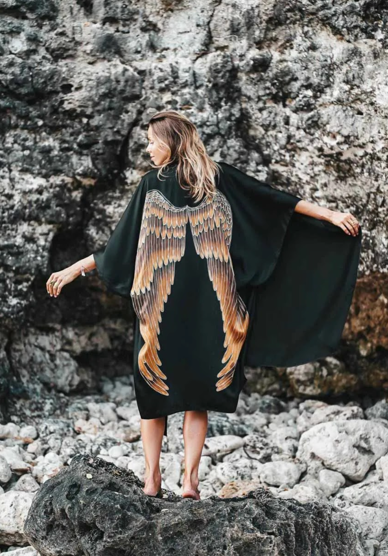 Warriors of the Divine - Kimono Luxe Silk Black with Caramel wings