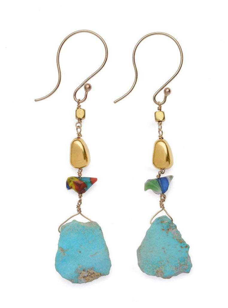 Earrings with Sleeping Beauty Turquoise, Gold Beads and Gabri Bird