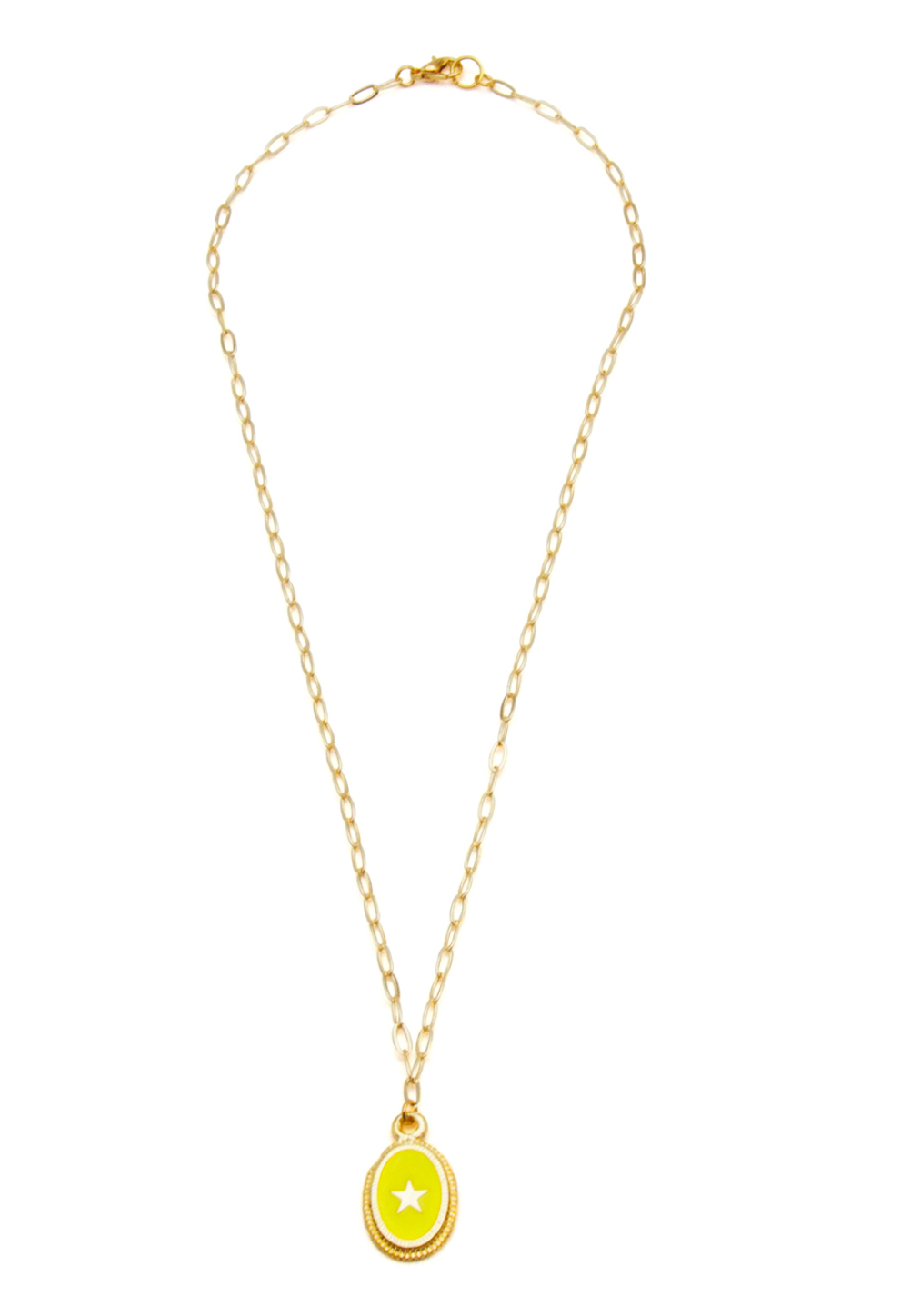 Beach Jewellery - Yellow enamel oval star pendant on fine paperclip chain