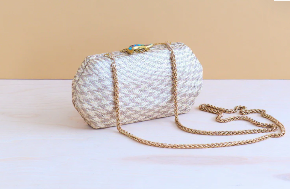 Likha - DUSTY ROSE HOUNDSTOOTH CLUTCH - STRAW CLUTCH