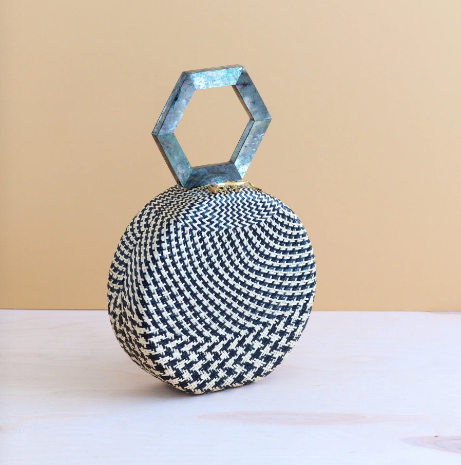 Likha - BLACK ROUND HANDWOVEN HANDBAG WITH MOTHER OF PEARL HANDLE
