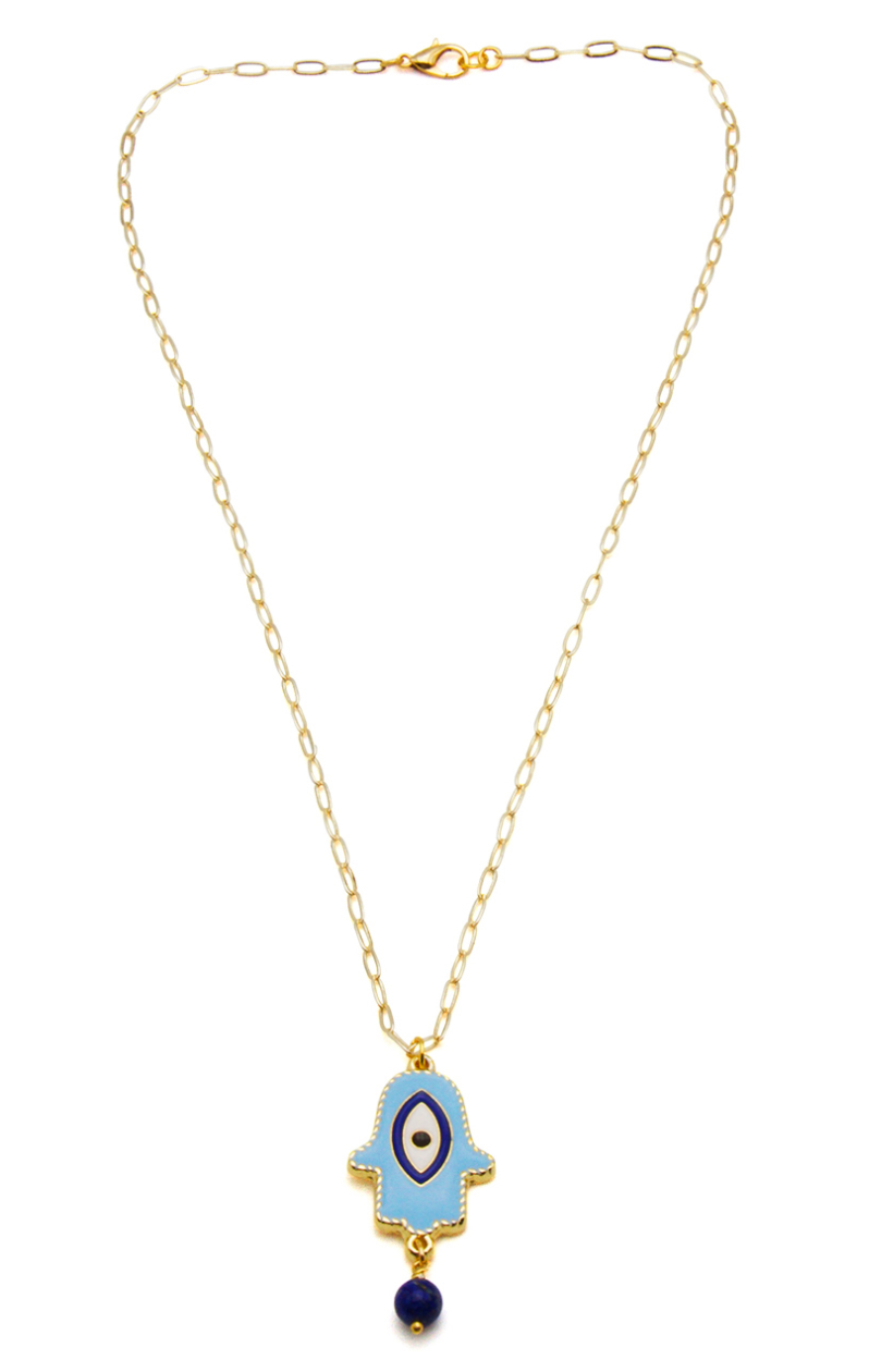 Beach Jewellery -Lucky Charm Hand and eye pendant with Lapis drop on a fine paperclip chain