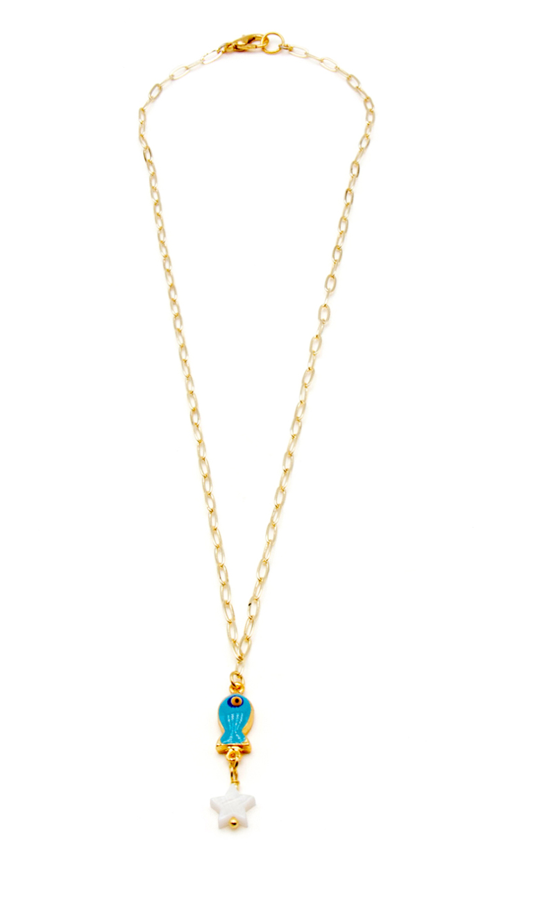 Beach Jewellery - Lucky Little Turquoise Fish Pendant with Mother of Pearl Star