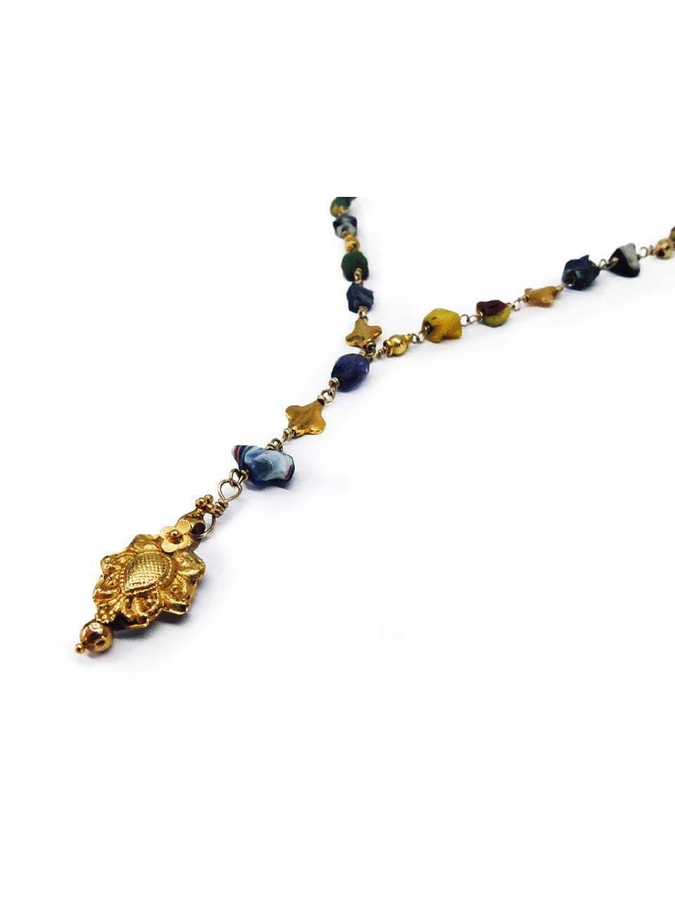 Y Shaped Necklace with Gabri Beads, Sapphire and 22ct gold drop