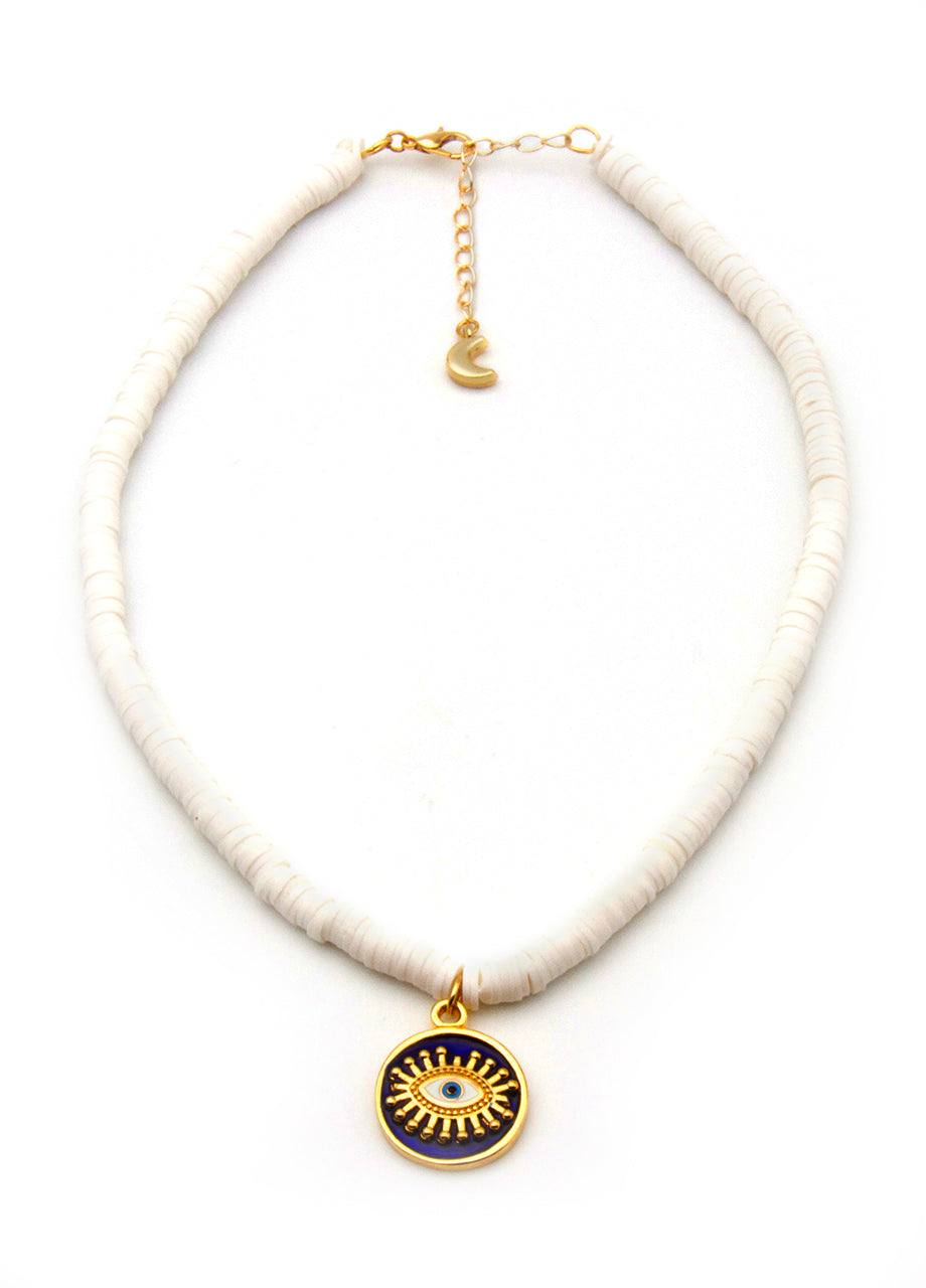Beach Jewellery - Pure White Heishi Bead Necklace with Navy Blue Lucky Evil Eye Talisman Pendant