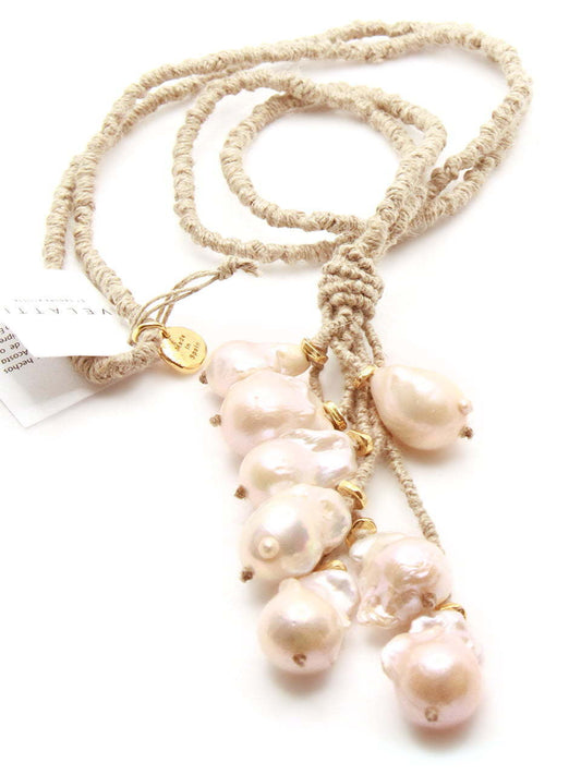 Hand Knotted Linen Necklace with 8 White Baroque Freshwater Pearls and Gold Plated Findings