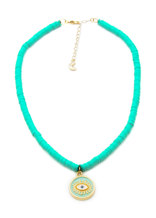 Beach Jewellery - Mint Green Heishi Bead Necklace with Aqua Lucky Evil Eye Talisman Pendant