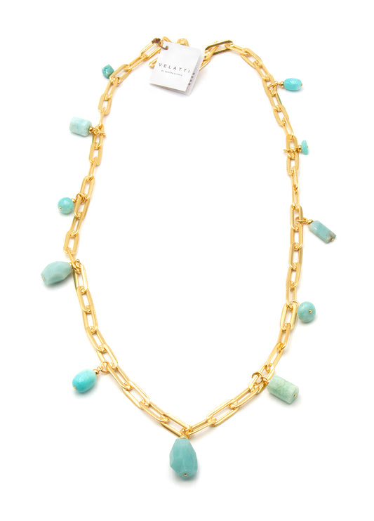 Long necklace with gold plated links and amazonite