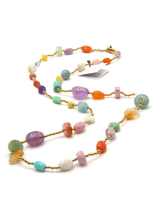 Long hand knotted necklace with gold plated bead and multi coloured quartz