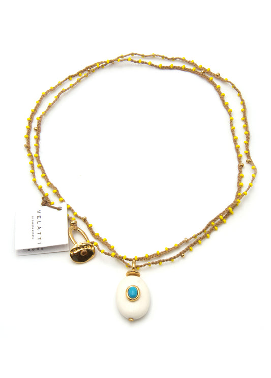 Hand braided long cotton necklace with yellow bohemian crystals, pendant and gold plated accents