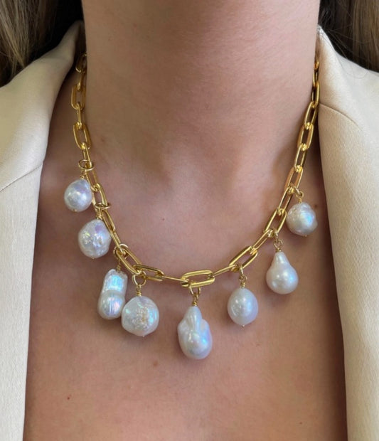 Gold plated link chain necklace with large pearl drop