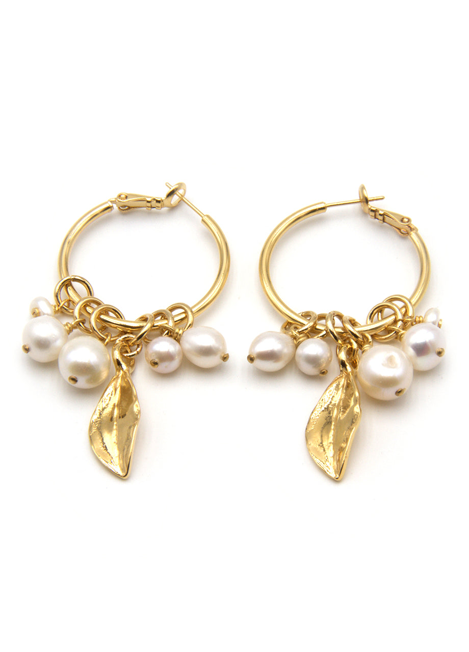 Gold Plated Hoop earrings with freshwater pearl drops and gold plated leaf detail