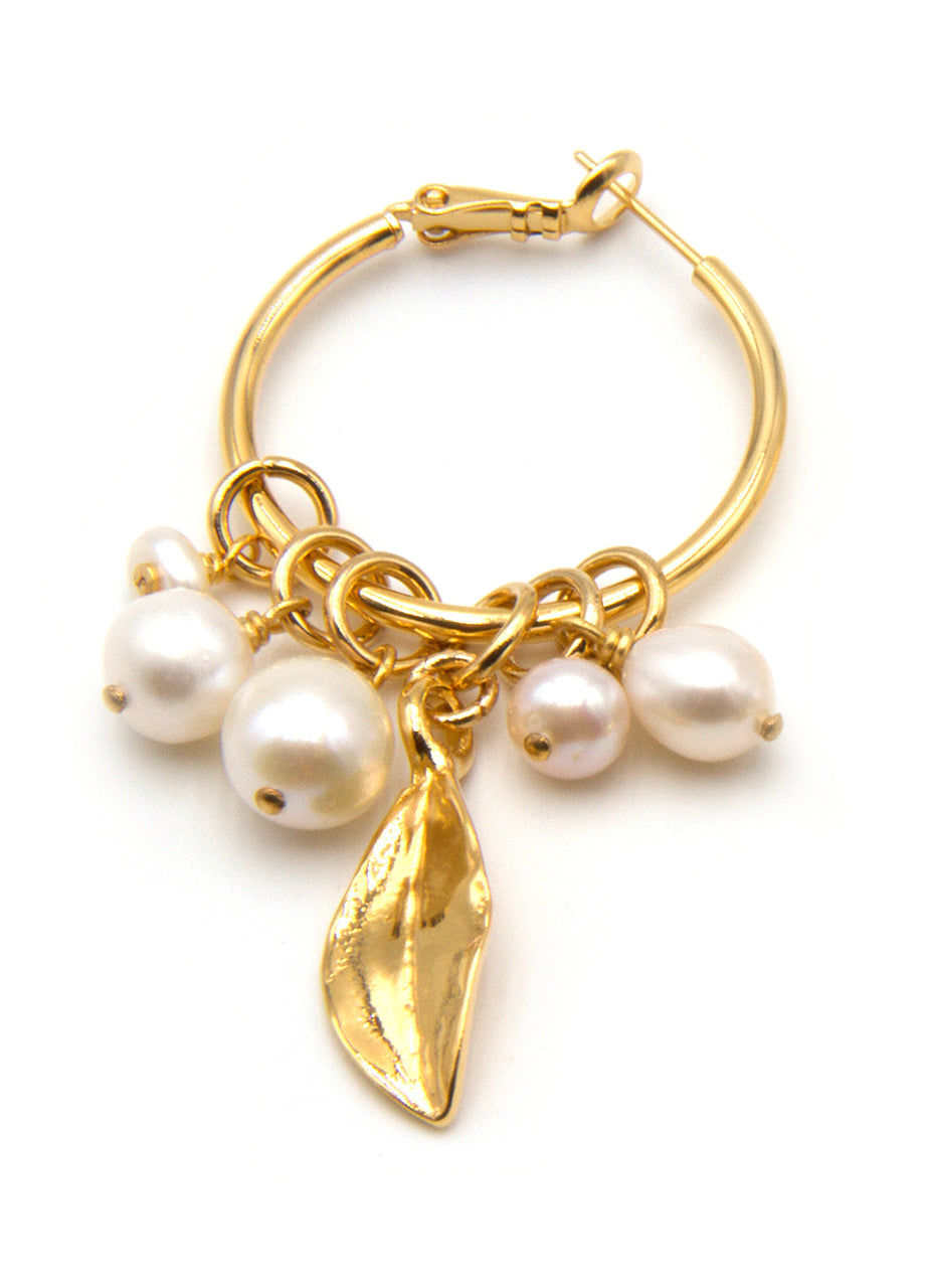 Gold Plated Hoop earrings with freshwater pearl drops and gold plated leaf detail