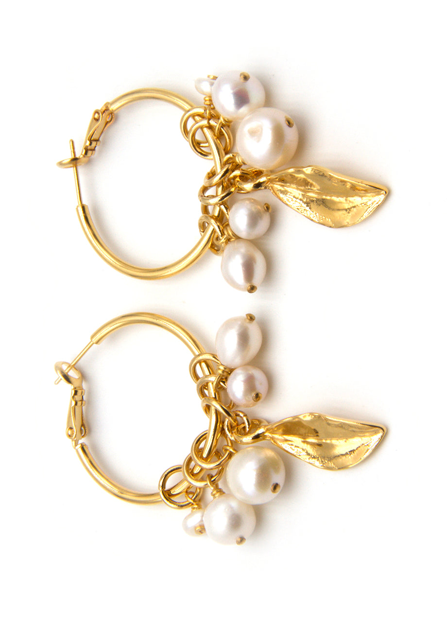 Gold Plated Hoop earrings with freshwater pearl drops and gold plated leaf detail