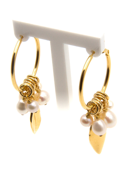 Gold Plated Hoop earrings with freshwater pearl drops and gold plated leaf detail