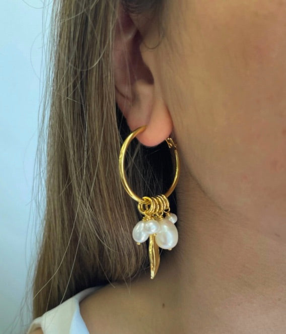 Gold Plated Hoop earrings with freshwater pearl drops and gold plated leaf detail