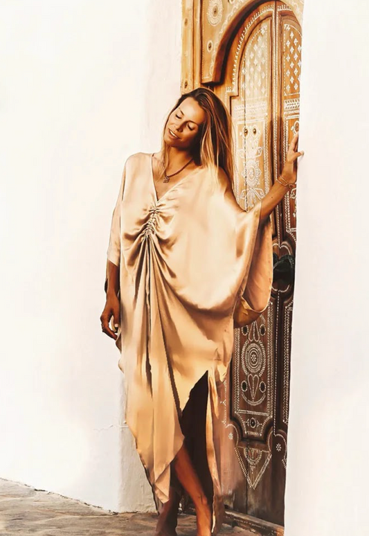 Warriors of the Divine - Golden Goddess Kaftan Luxe Silk with Caramel Wings