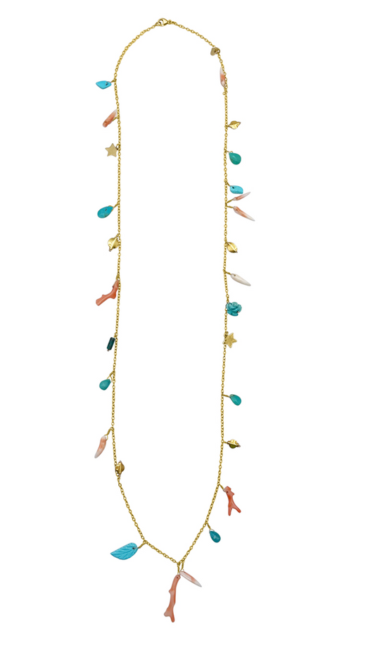 Long Trinket Necklace with Turquoise and Angel Skin Coral