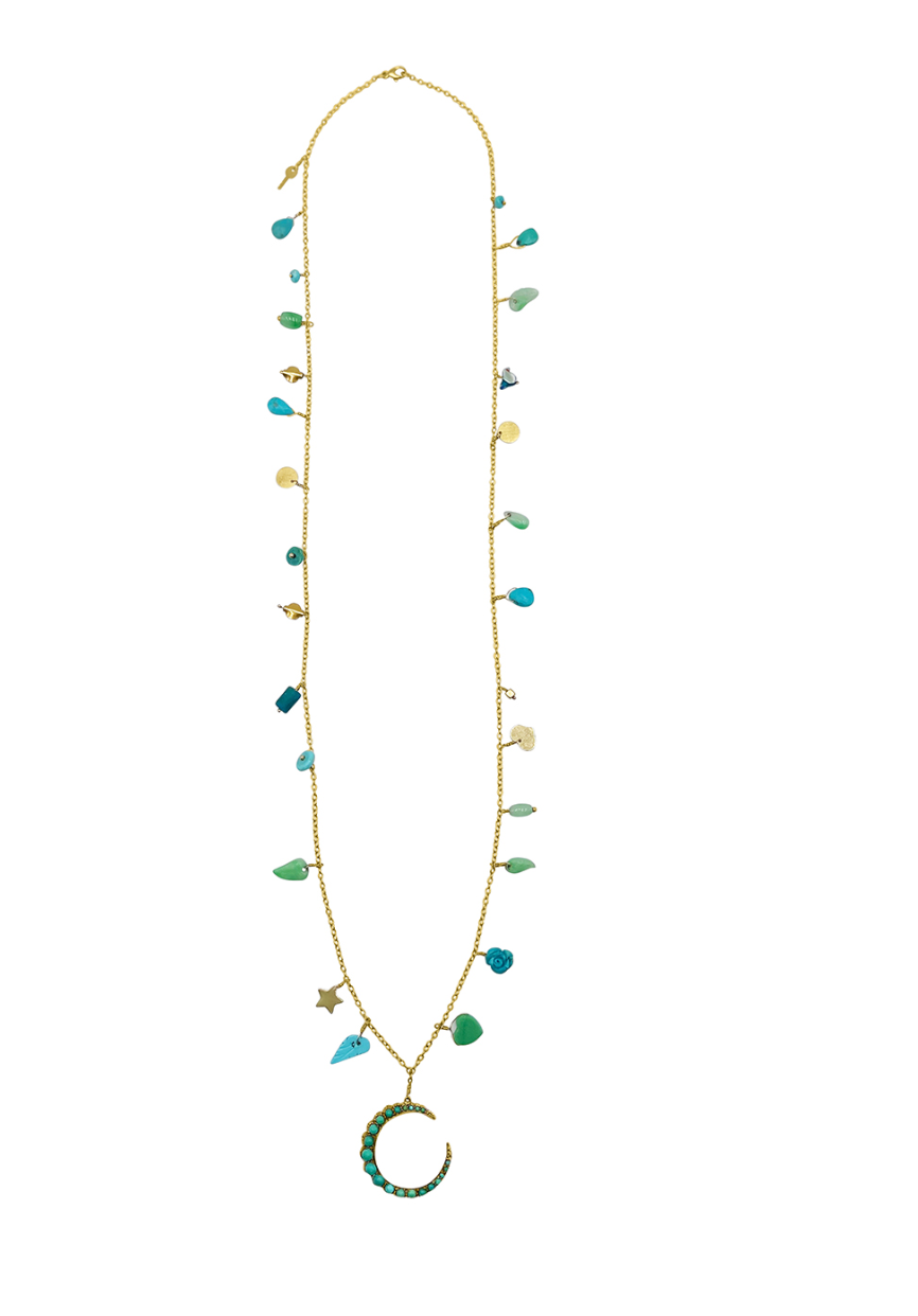 Long Trinket Necklace with Vintage Victorian Turquoise Moon