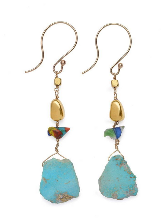 Earrings with Sleeping Beauty Turquoise, Gold Beads and Gabri Bird
