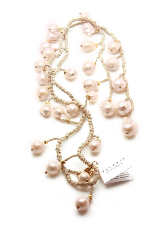 Hand Knotted Linen Lariat with 28 White Baroque Freshwater Pearls and Gold Plated Findings