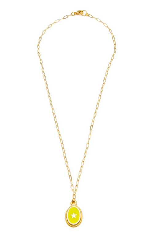 Beach Jewellery - Yellow enamel oval star pendant on fine paperclip chain