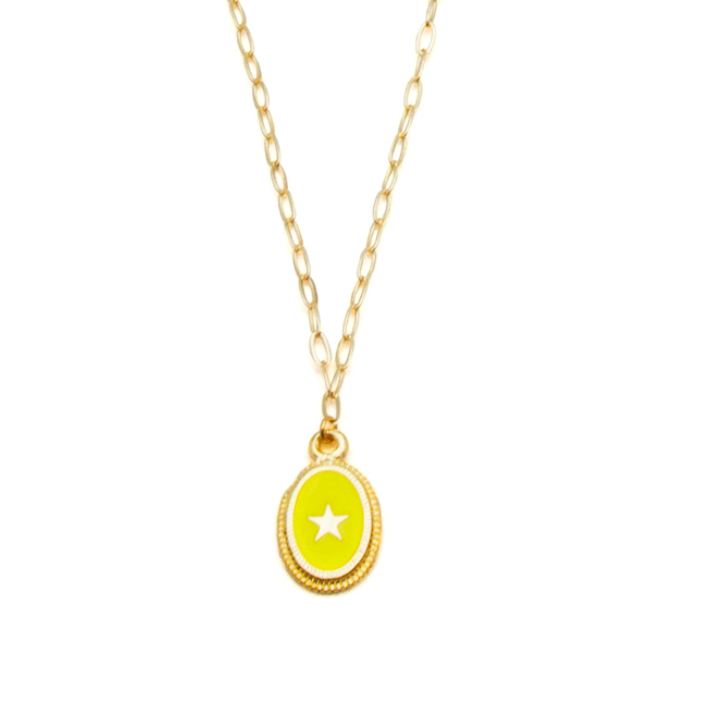 Beach Jewellery - Yellow enamel oval star pendant on fine paperclip chain