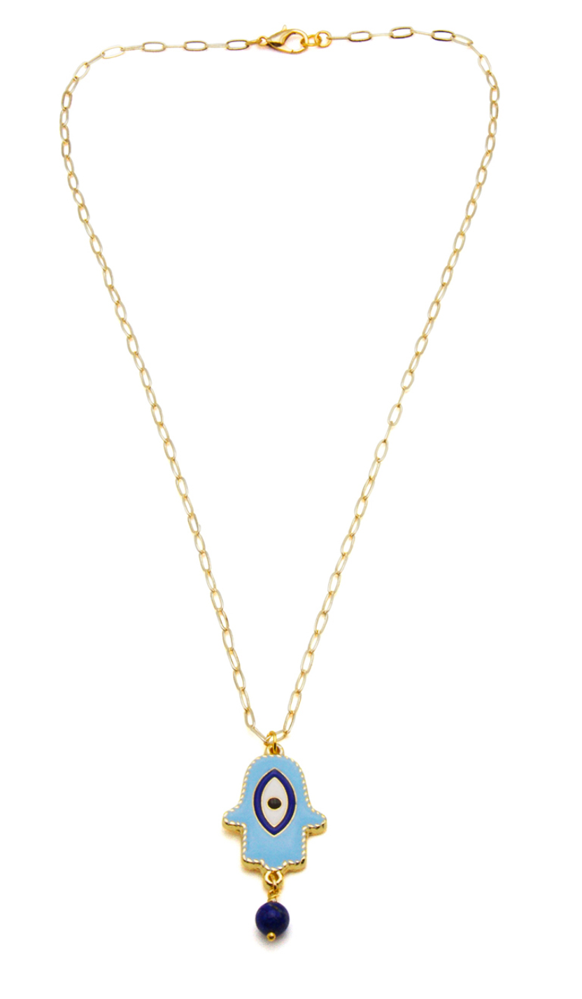 Beach Jewellery - Lucky Charm Hand and eye pendant with Lapis drop on a fine paperclip chain