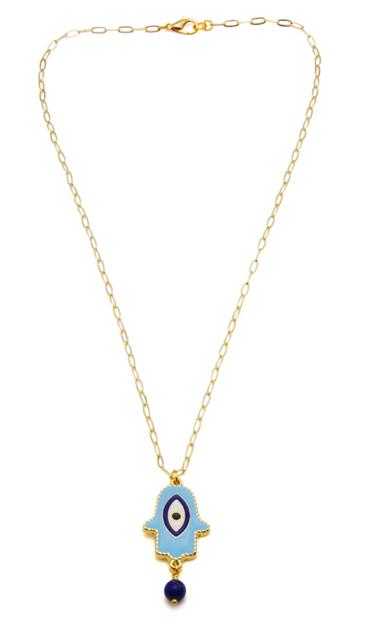 Beach Jewellery - Lucky Charm Hand and eye pendant with Lapis drop on a fine paperclip chain