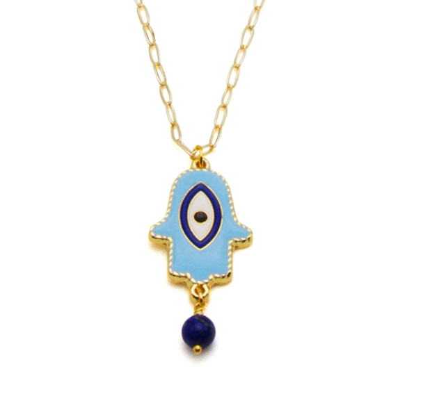 Beach Jewellery - Lucky Charm Hand and eye pendant with Lapis drop on a fine paperclip chain