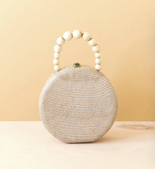 Likha - DUSTY ROSE ROUND CLASSIC HANDBAG WITH WOOD BEAD HANDLE - HANDWOVEN BAG