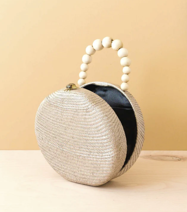 Likha - DUSTY ROSE ROUND CLASSIC HANDBAG WITH WOOD BEAD HANDLE - HANDWOVEN BAG