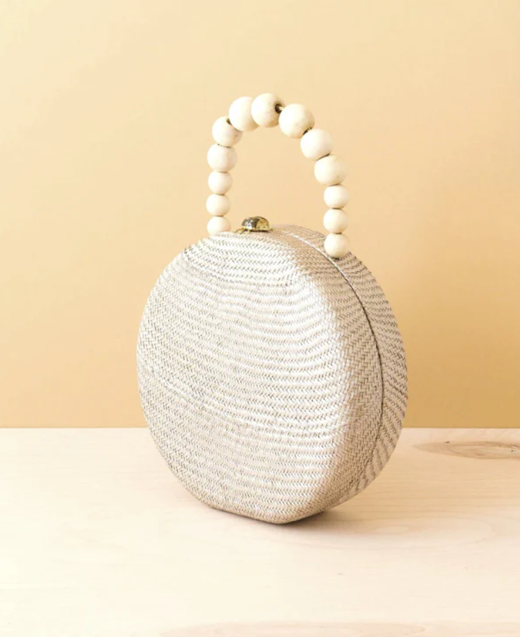 Likha - DUSTY ROSE ROUND CLASSIC HANDBAG WITH WOOD BEAD HANDLE - HANDWOVEN BAG