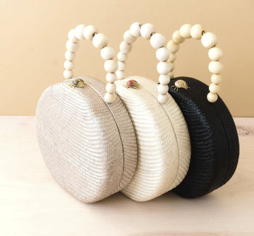 Likha - DUSTY ROSE ROUND CLASSIC HANDBAG WITH WOOD BEAD HANDLE - HANDWOVEN BAG