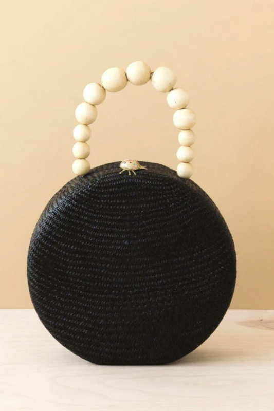 Likha - BLACK ROUND CLASSIC HANDBAG WITH WOOD HANDLE - STRAW BAG