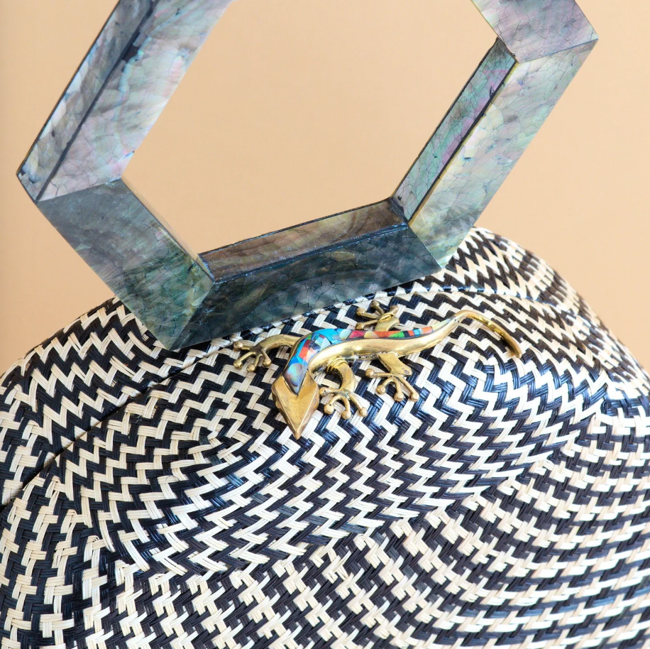 Likha - BLACK ROUND HANDWOVEN HANDBAG WITH MOTHER OF PEARL HANDLE