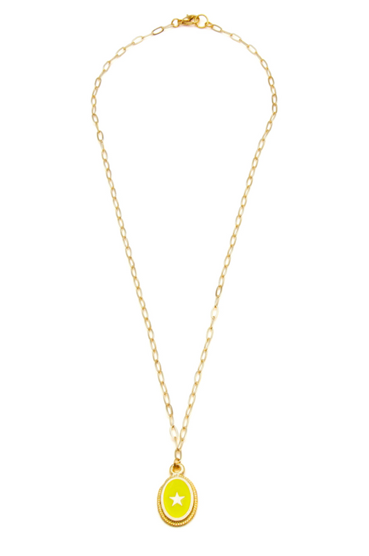 Beach Jewllery  - Yellow Enamel Oval Star Pendant on Fine Paperclip chain