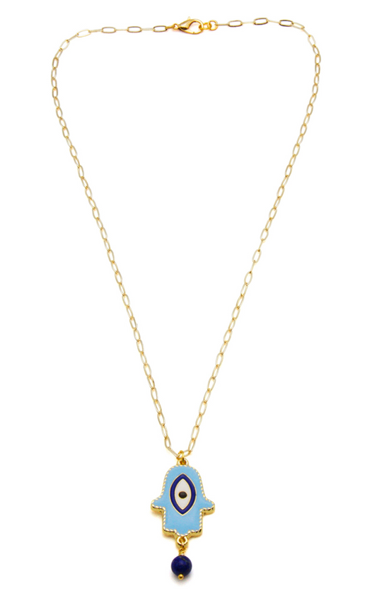 Beach Jewellery -Lucky Charm Hand and eye pendant with Lapis drop on a fine paperclip chain