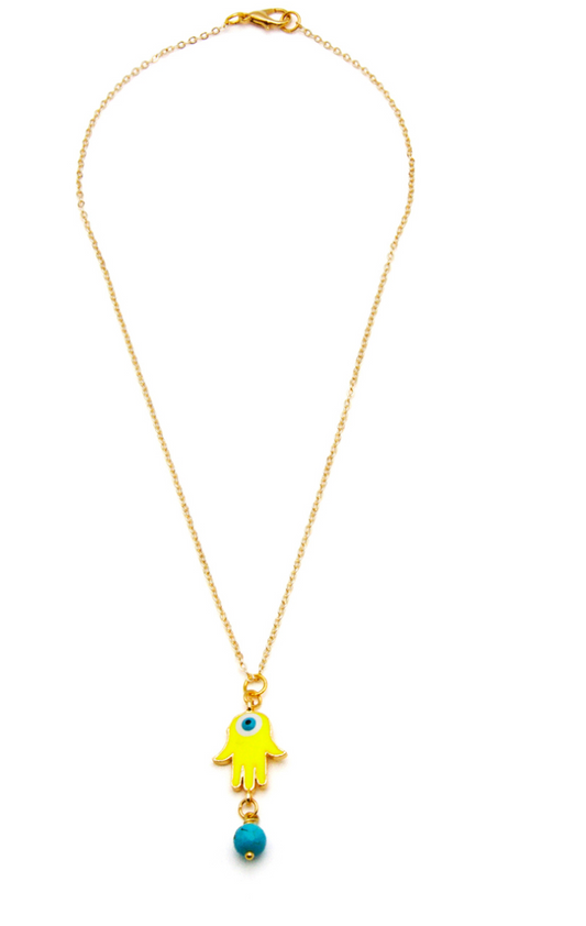 Beach Jewellery - Mini Yellow Hamsa with Turquoise drop