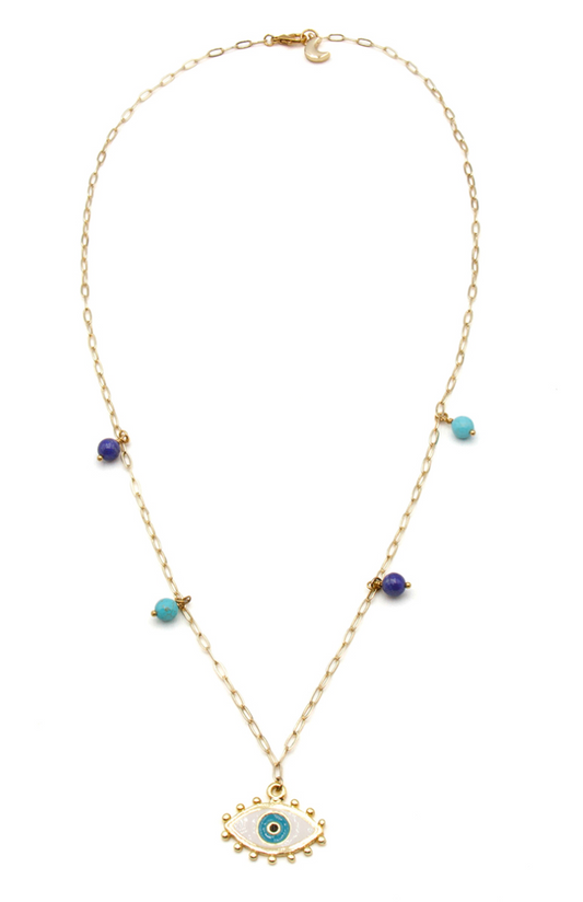 Beach Jewellery - Evil Eye Amulet on Long Paperclip Chain with Turquoise and Lapis Beadsv