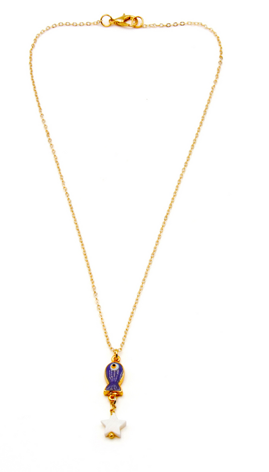 Beach Jewellery - Lucky Little Navy Fish Pendant with Mother of Pearl Star