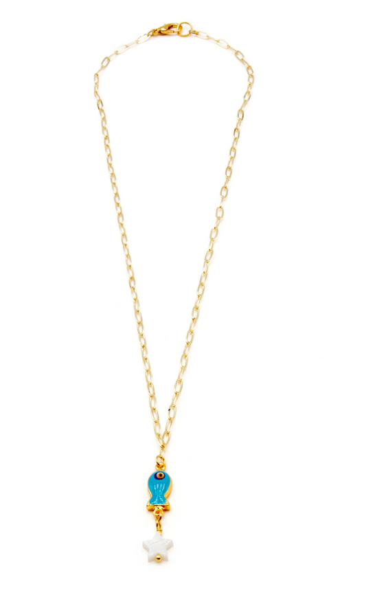Beach Jewellery - Lucky Little Turquoise Fish Pendant with Mother of Pearl Star