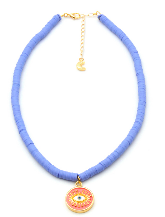 Beach Jewellery - Cornflower Blue Heishi Bead Necklace with Coral Lucky Evil Eye Talisman Pendant