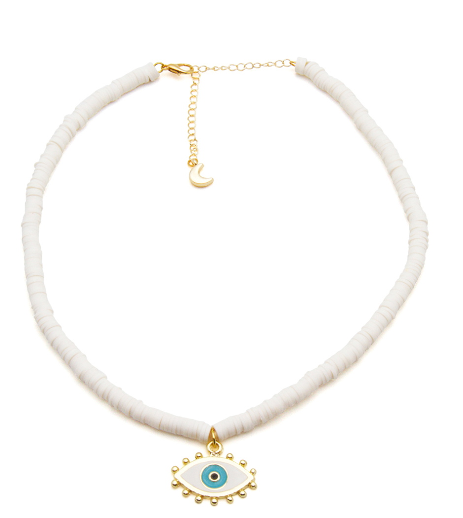 Beach Jewellery - Pure White Heishi Bead with Evil Eye Amulet
