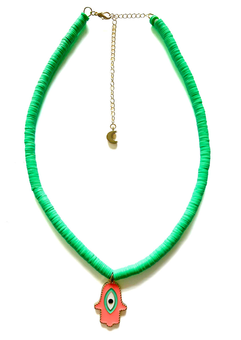 Beach Jewellery - Bright Green Heishi Bead Necklace with Coral Evil Eye Hamsa Pendant